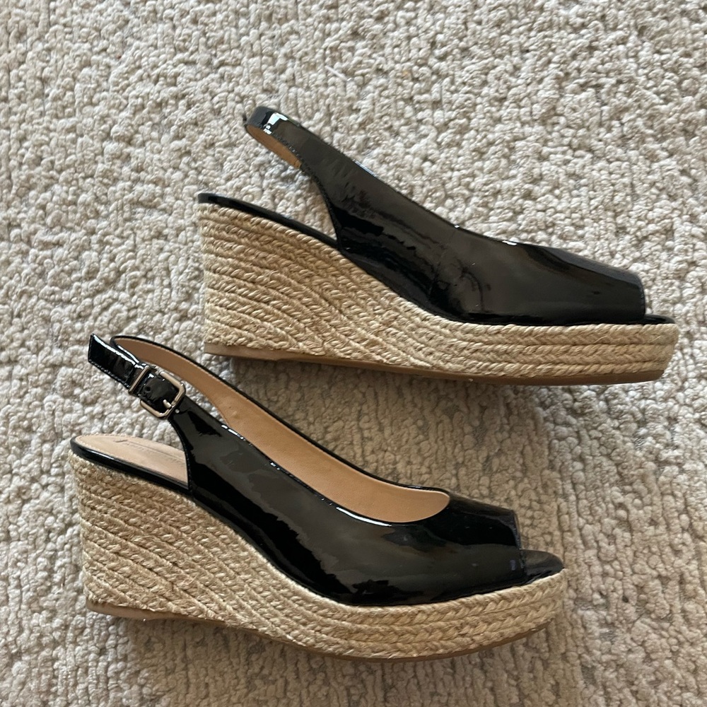 Antonio Melani Black Patent Leather Espadrille Wedge Sandals, Size 7
